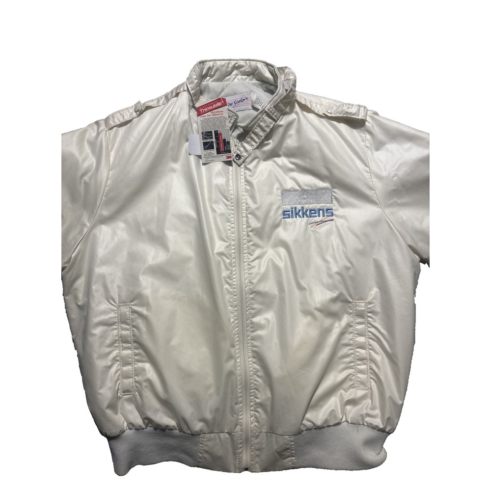 Vintage 1980s Akzo‎ Sikkens 3M Bomber Jacket NWT • white satin • Rare work wear